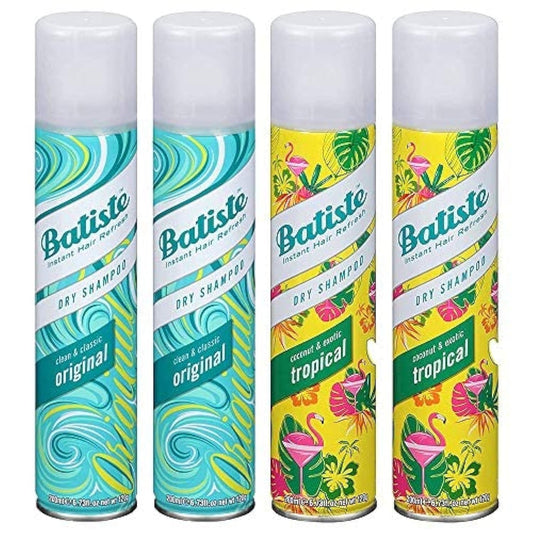 Batiste Dry Shampoo Spray Variety 4 Pack Original & Tropical 200ml Each – Instant Volume & Oil Absorption for All Hair Types, Refresh Between Washes, Great Value Bundle for Women & Men
