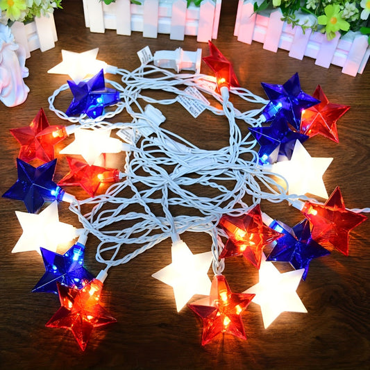 String Lights, Red White and Blue Star Lights with Plug-In Power, 8.5- or 12-Foot Length and 10 or 20 LEDs