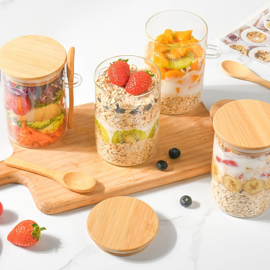 Overnight Oats Jars with Bamboo Lids & Spoons, 500ml Glass Meal Prep Containers — Dessert Bowl Set for Chia Pudding, Salad, Cereal, Yogurt & Sourdough Starter | 4 or 6 Pack