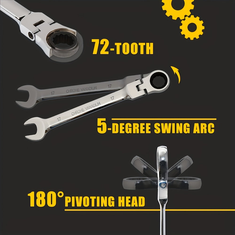 CR-V Flex Head Ratchet Wrench Set 5-Piece – 2-in-1 Reversible Open End & Hex Socket Dual-Purpose Kit | Automotive Engine Bay, Plumbing, DIY Workshop & Confined Space Repair