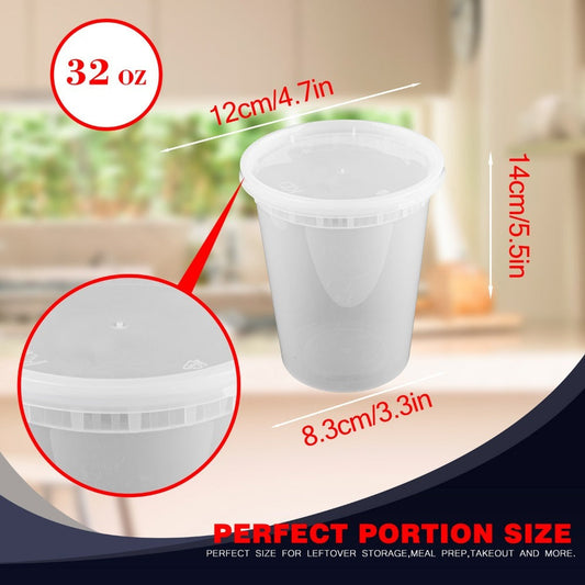 Food Storage Container 30-Count Deli Cup Set with 32oz Capacity, Matching Lids and Microwave-Freezer Use