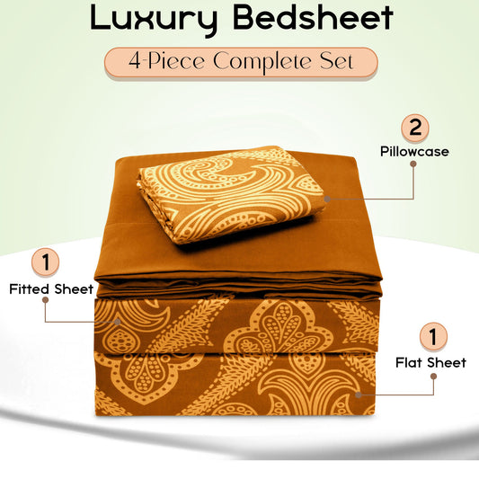 Bed Sheet Set Paisley Brushed Polyester in 4- or 6-Piece Sizing with 16-Inch Pocket and Wash Instructions