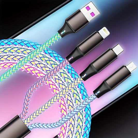3-in-1 Braided Charging Cable with LED RGB Light, Universal Multi Charger Cord with Lightning, USB-C and Micro USB, Compatible with iPhone, Samsung, Android, iPad and Most Phones
