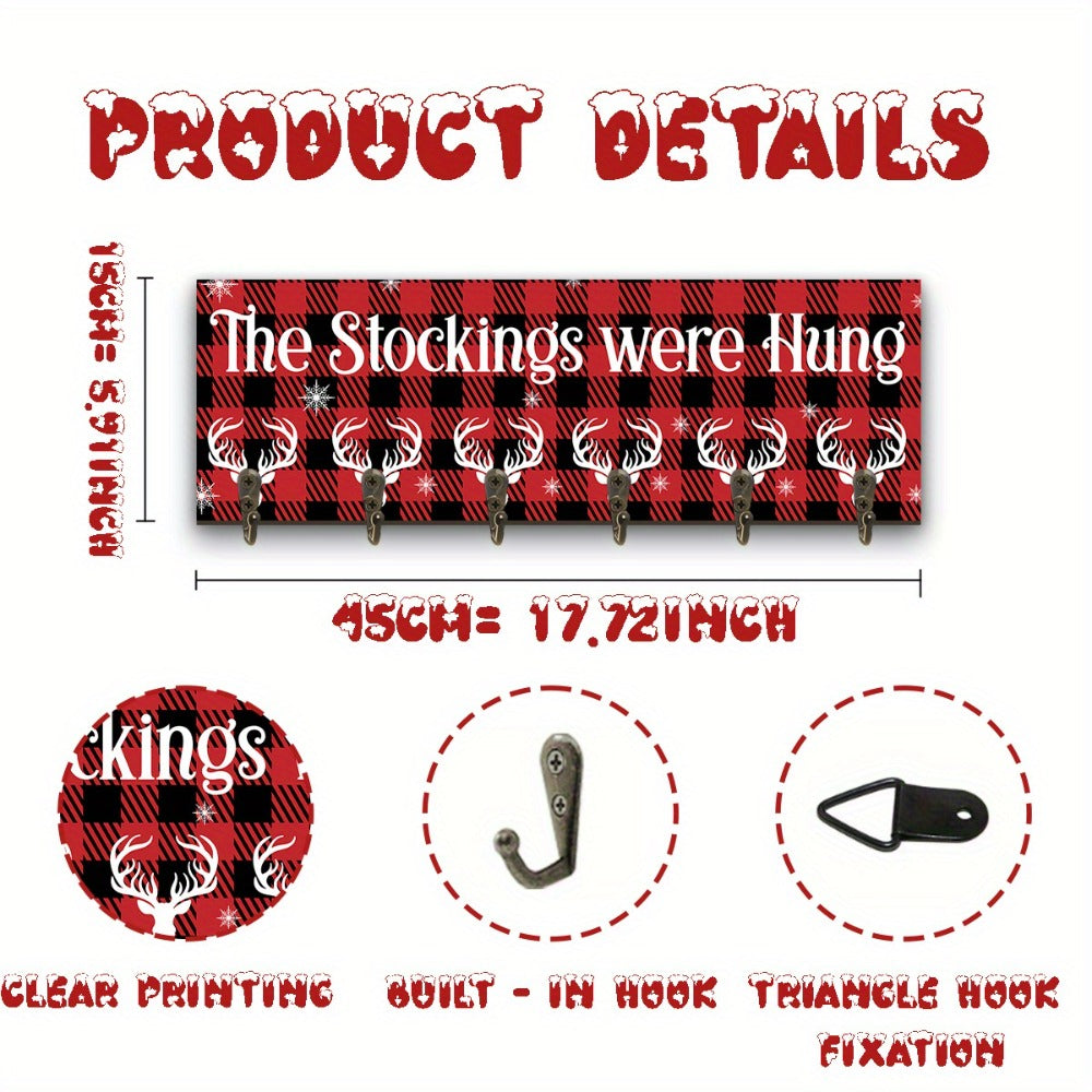 Christmas Stocking Wall Rack with Six Hooks, Red Plaid Sign and The Stockings Were Hung Text