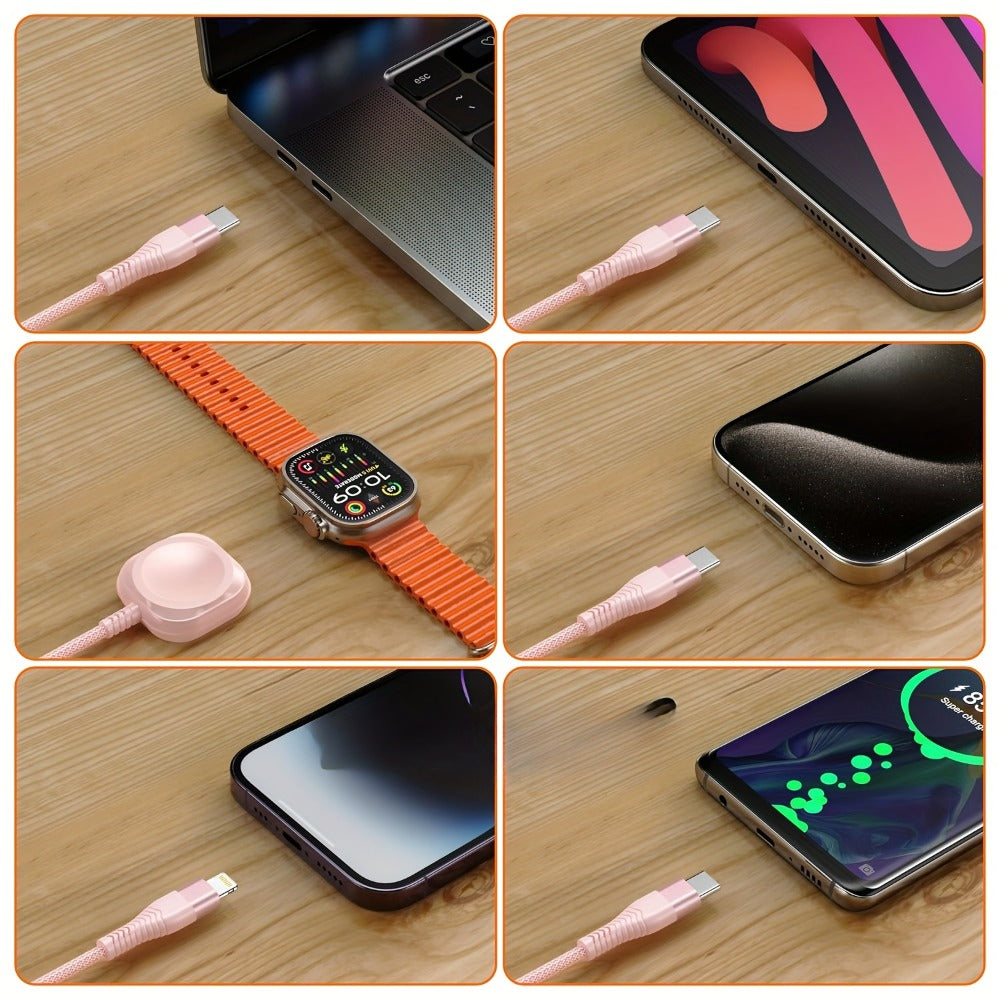 24-Inch Pink Braided Charging Cable with USB-A Input, Lightning, USB-C and Magnetic Watch Pad