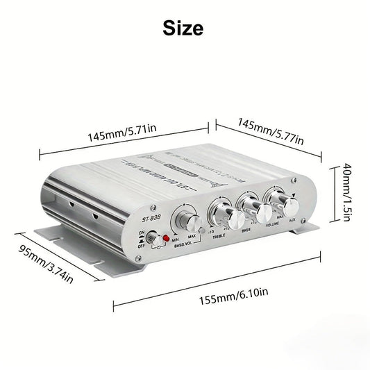 400 Watt 2.1 Channel Car Audio Stereo Amplifier, 12V Class A/B HIFI Power Amp with RCA & AUX Input, Subwoofer Output, Cast Iron Build, 20Wx2+40W RMS, 4-8Ω Speaker Compatible, Model ST-838