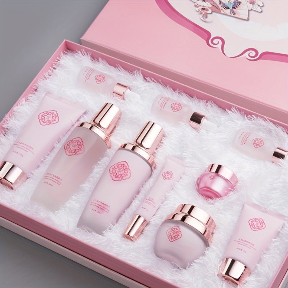10-Piece Botanical Skincare Gift Set with Coordinated Bottles, Jars and Tubes in a Pink Presentation Box