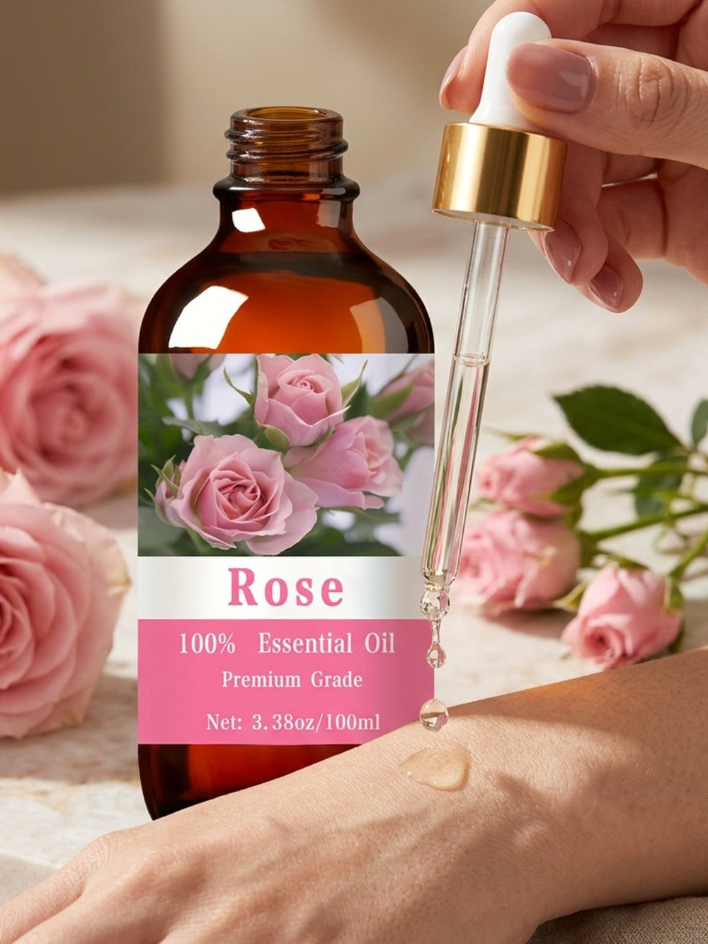 Rose Essential Oil 100ml Pure Aromatherapy Carrier Oil for Skin Hair Nail & Massage – Moisturizing Body Oil for Women & Men, Relaxation Meditation Spa Gift
