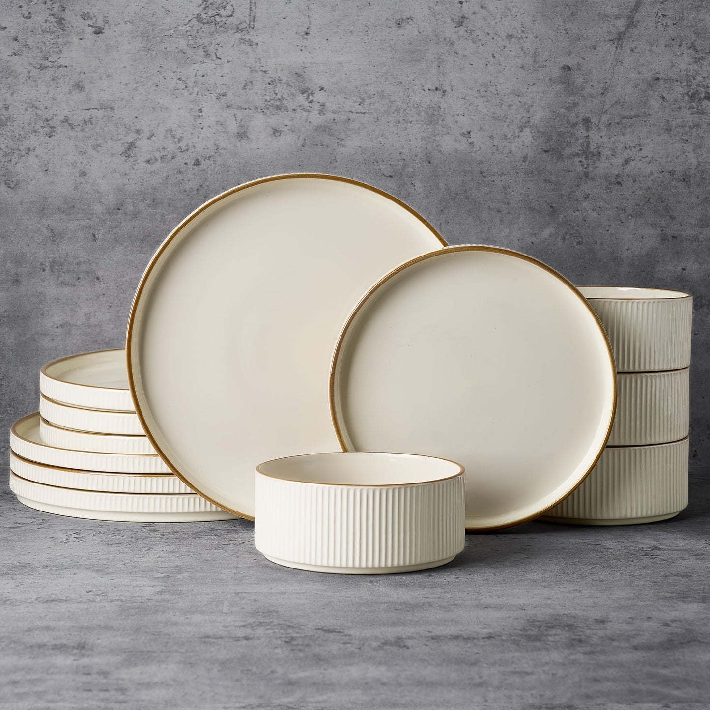 12-Piece Ribbed Dinnerware Set for Four with Dinner Plates, Salad Plates and Cereal Bowls in Two Cream Tones