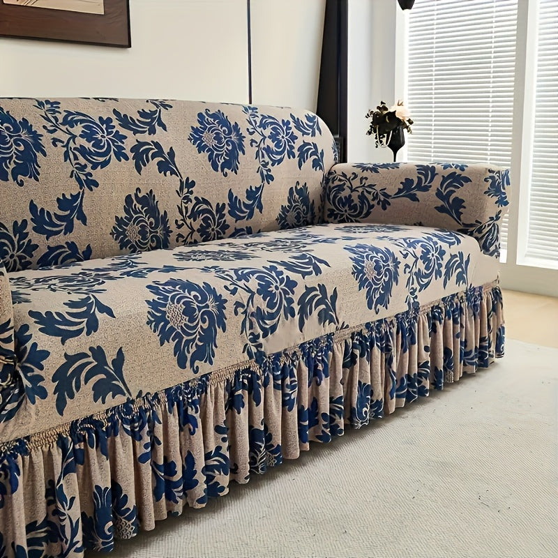 Sofa Cover Dark Blue Printed Skirt Slipcover with High-Elasticity Fiber and Anti-Slip Fixing Rods