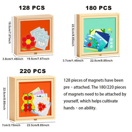 Magnetic Wooden Puzzle Blocks 128 180 220 Piece Set – Geometric Figures Cognitive Learning STEM Toy for Kids, Creative Jigsaw Building Gift for Toddlers & Children