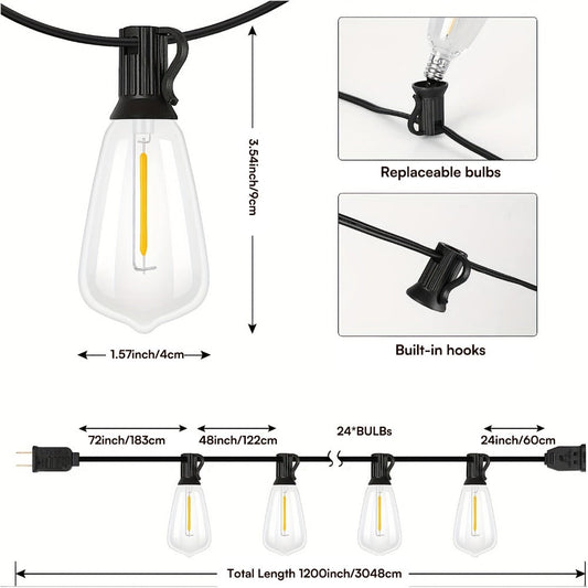 Patio String Lights 100FT ST38 Edison Bulbs Shatterproof – 2700K Warm White Dimmable Connectable Outdoor Hanging Lights with Hooks for Patio Garden Wedding Bistro Party Christmas Decor