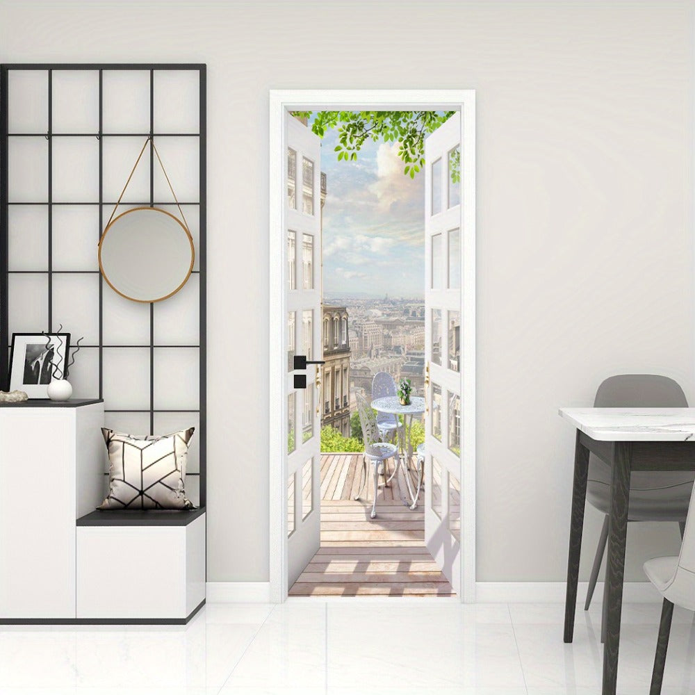 Balcony-View Door Mural Panel Set with Two 17.7-Inch Sheets and 35.43 x 78.74-Inch Final Scene