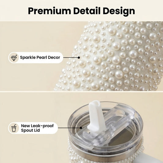 Insulated Tumbler 40oz Pearl Rhinestone Stainless Steel with Handle and Straw in White or Pink