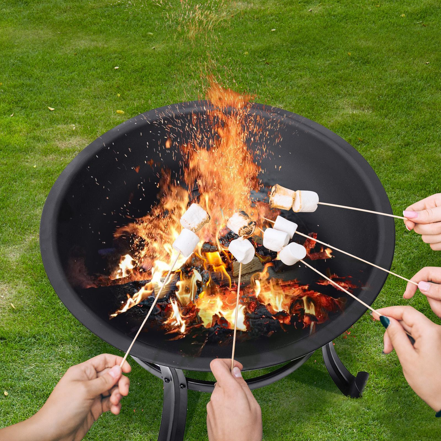 22-Inch Round Fire Pit with Domed Mesh Cover, Inner Log Grate, Four-Leg Stand and Long Poker