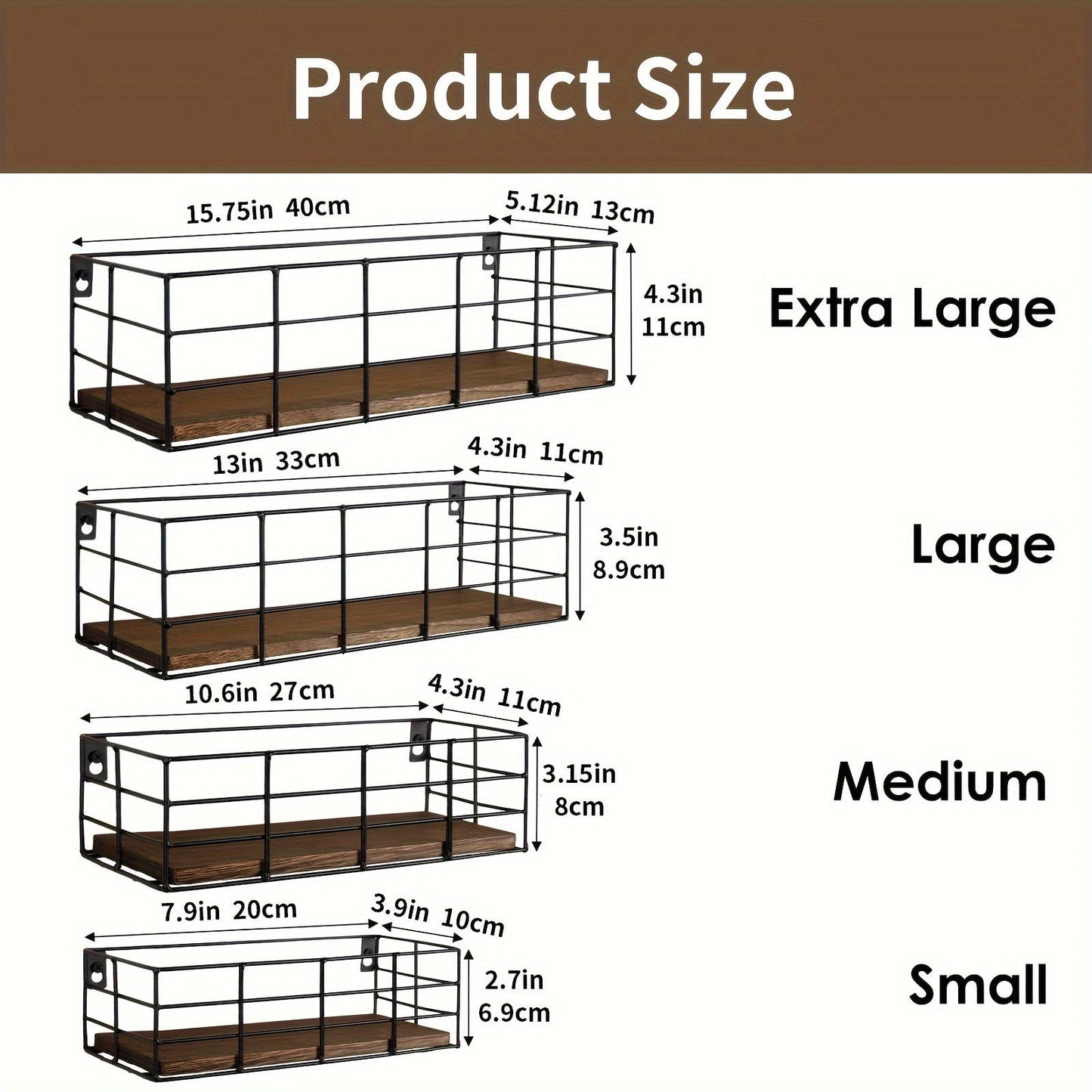 Wire Basket Wall Shelf Set with Wood-Look Bases and Four-Piece or Six-Piece Size Assortments