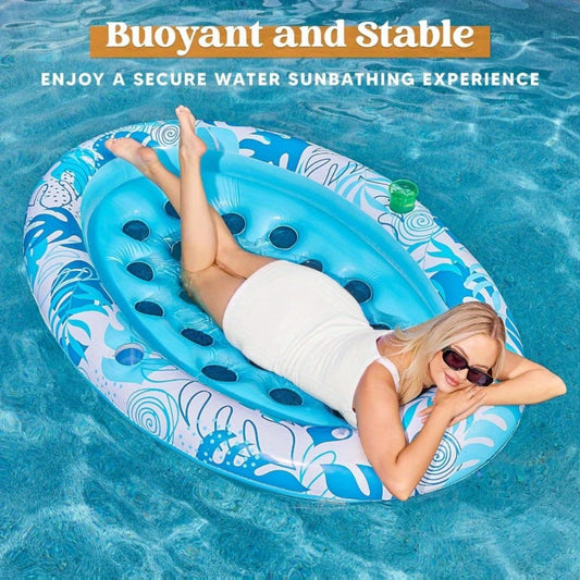 Oval Inflatable Pool Float Lounger for Adults – Tanning Raft with Removable Head & Back Support, Water Flow Vents & 2 Cup Holders | Sunbathing Lounge Float for Pool Lake Beach, Blue