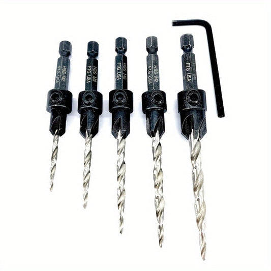 5pcs Countersink Drill Bit Set #4 #6 #8 #10 #12 Tapered with 1/4" Hex Shank Quick-Change – Adjustable Wood Counter Sinker Bits with Allen Wrench for Woodworking