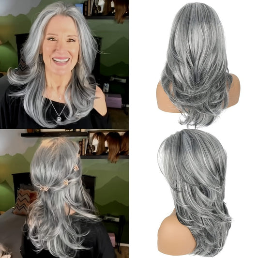 Synthetic Wig 18-Inch Layered Silvery Waves with Highlights in Two Colors and Rose Net Cap