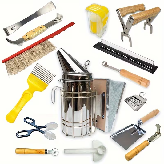 Beekeeping Tool Kit 15PCS - Smoker, Brush, Hive Scraper, Queen Catcher & More