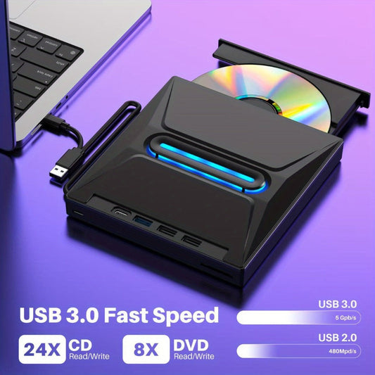 8-in-1 Luminous External CD DVD Drive USB 3.0 & Type-C - Portable CD/DVD±RW Burner Player Hub with 3 USB Ports, TF/SD Card Reader, Compatible with Laptop Desktop PC Windows Linux