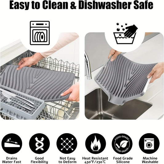 Silicone Dish Drying Mat Large 34.5x19in Slope Drain Design Kitchen Counter Drying Pad for Dishes Utensils & Countertop – Heat Resistant Non-Slip Draining Mat