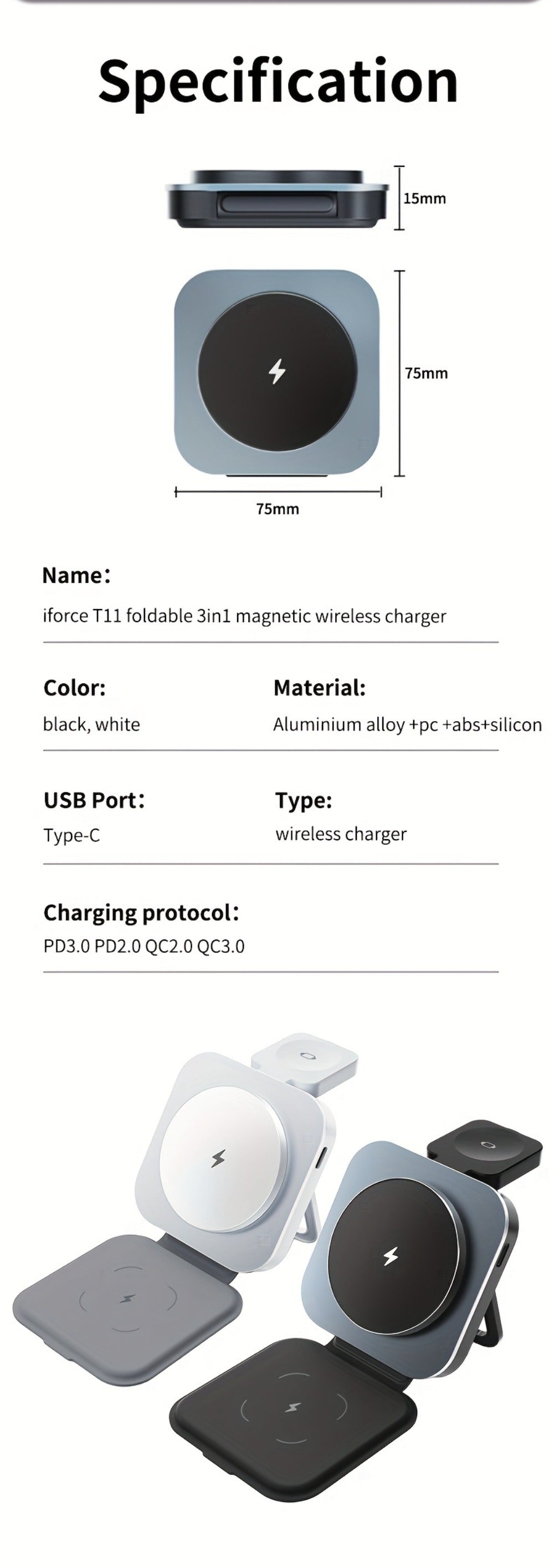Wireless Charging Station, T11 Foldable 3-in-1 15W Travel Pad in Black for iPhone, Apple Watch and AirPods