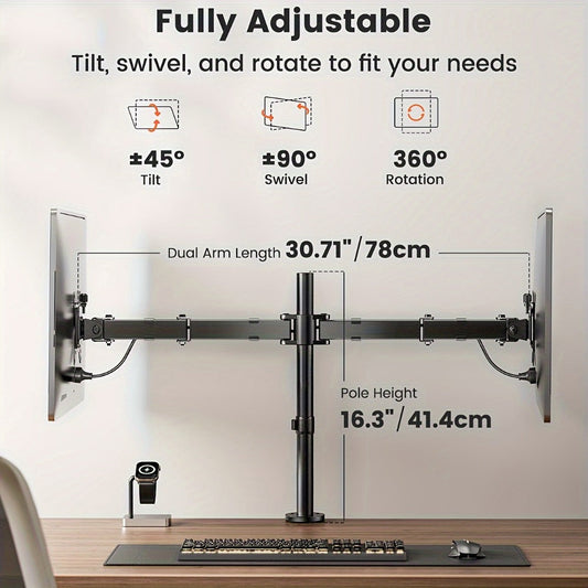 Adjustable Dual Monitor Arm for 13-32 Inch Screens, VESA 75x75/100x100mm, 45° Tilt 90° Swivel 360° Rotation, 17.6 lbs per Arm, C-Clamp & Grommet Mount, Cable Management, Space-Saving Home Office Desk Stand
