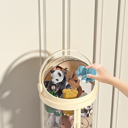 Stuffed Animal Storage Bin Transparent Cylindrical with Zipper – Large Plush Toy Organizer for Kids Bedroom Living Room – Clear Doll Storage Bag Easy Assembly