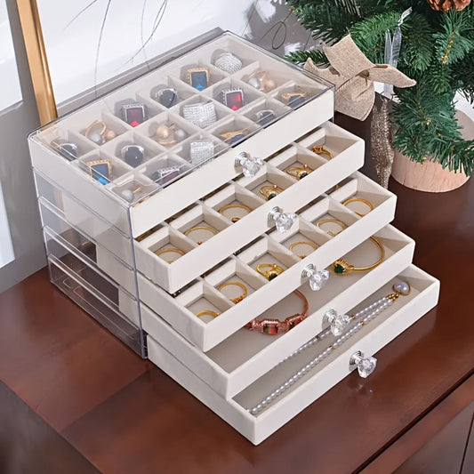Jewelry Organizer 5-Tier 56-Grid Drawer Box in Gray or Beige for Rings, Earrings, Brooches and Hair Clips