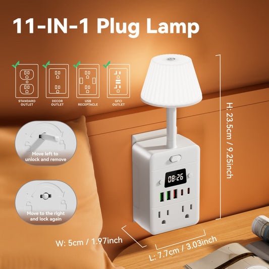 Power Strip Desktop Station with LED Clock, Desk Lamp, 4 AC Outlets, 3 USB-A, 2 USB-C and Master Switch
