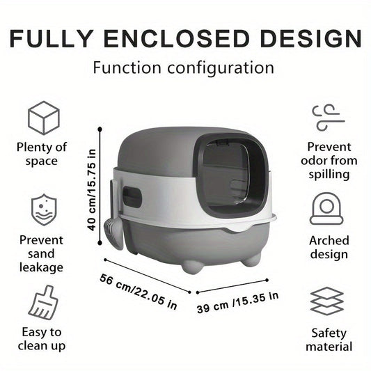 Covered Cat Litter Box with Scoop – Fully Enclosed Hooded Design, Spill-Proof & Odor-Reducing | Easy to Clean, Assemble & Store | Spacious Interior for Small to Medium Cats | Blue, Gray or Purple