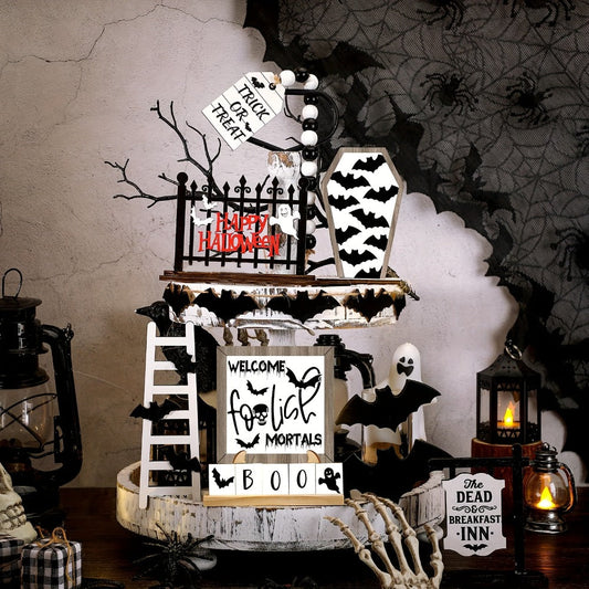 Halloween Tiered Tray Decor Set 14pcs - Bat Wooden Signs Farmhouse Black White Rustic Table Decorations for Kitchen Home Party Supplies