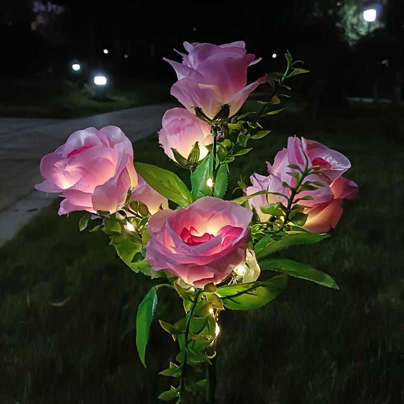 Solar Rose Garden Stake Lights with Separate Panels, Two Stakes and 14 Flowers in Red or Pink