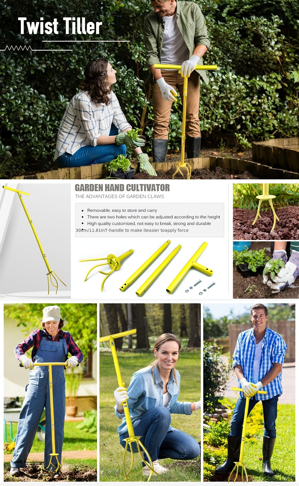 Manual Twist Tiller with Four Curved Soil Claws, Three-Section T-Handle and Yellow or Orange Options