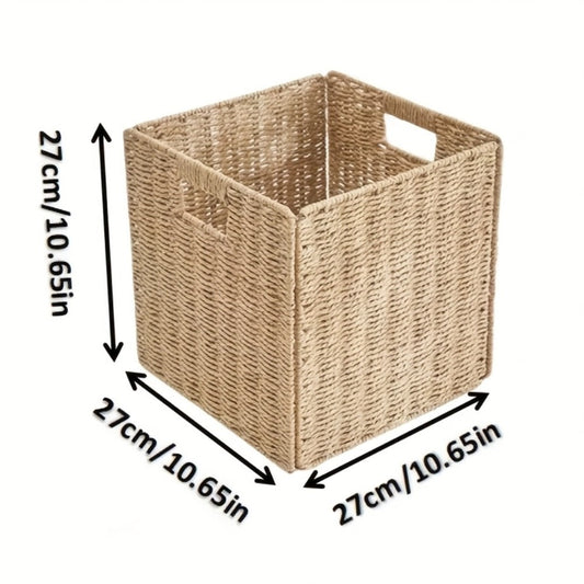 Rattan Storage Basket Foldable Square Wicker Laundry Hamper with Frame Natural Handwoven Organizer Bin for Bedroom Living Room Bathroom Clothes Toys