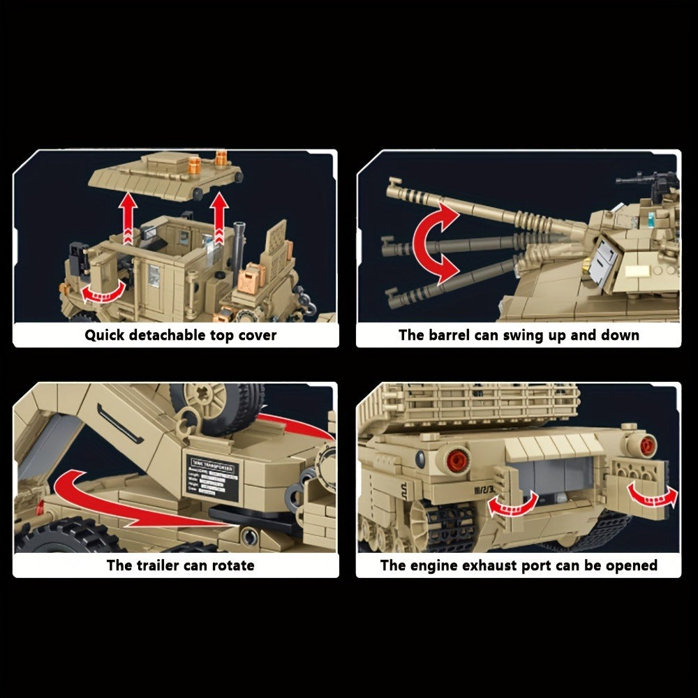 3482-Piece Tank Hauler Building Block Model with Tractor, Long Trailer, Tracked Vehicle and 628015 Code