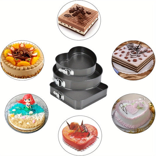 Springform Pan Set of 3 Nonstick Carbon Steel Cake Pan with Removable Bottom Round and Heart Shaped Easy Release Baking Pans for Cheesecake Layer Cake