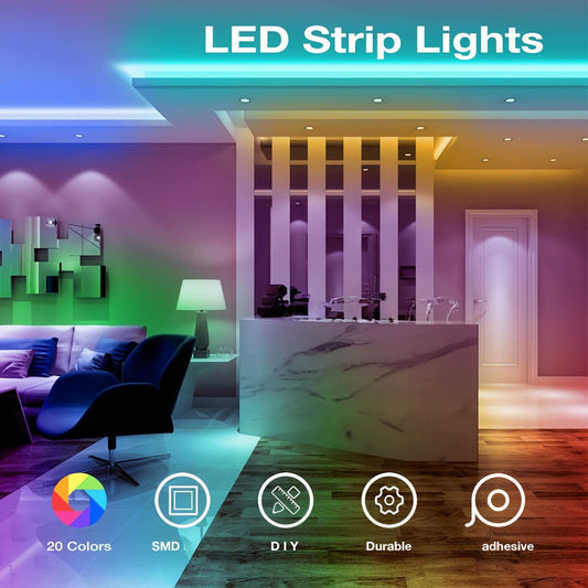 RGB LED Strip Lights 50ft/100ft – Color Changing Tape Light with 44-Key Remote, 20 Colors & 8 Modes, Easy Install, for Bedroom, Living Room, Kitchen, Bar, Wedding & Party Decoration