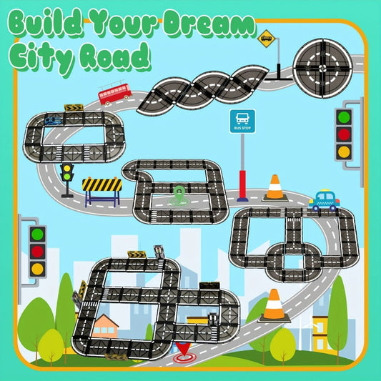 Magnetic Road Track Set 44 Pcs Kids Flexible Snap-Together Road Builder Tiles with Pull-Back Cars – STEM Construction Toy for Toddlers Boys Girls Ages 3+, Birthday Christmas Gift