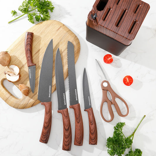 Kitchen Knife Set 7 Pcs with Knife Rack – Stainless Steel Chef Knife, Bread Knife, Replaceable Blade Knife, Multi-Purpose Knife, Fruit Knife & Kitchen Scissors for Home Cooking