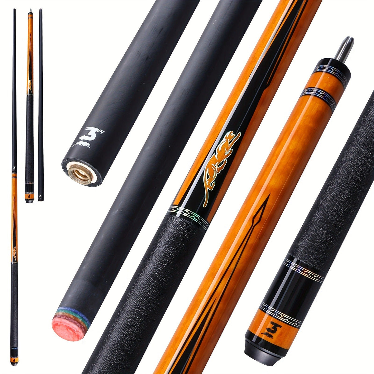 58-Inch Carbon Fiber Pool Cue with 12.5mm Tip, 3/8x8 Joint, Black Wrap and Four SP Graphic Designs