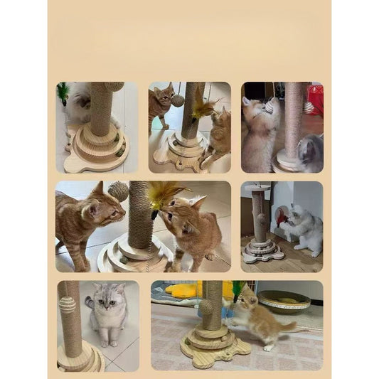 Sisal Cat Scratching Post with Hanging Ball & Turntable Interactive Toy 18.1 Inch - Sturdy Non-Slip Base Suction Cup Bottom for Kittens & Adult Cats, Furniture Protector Scratcher