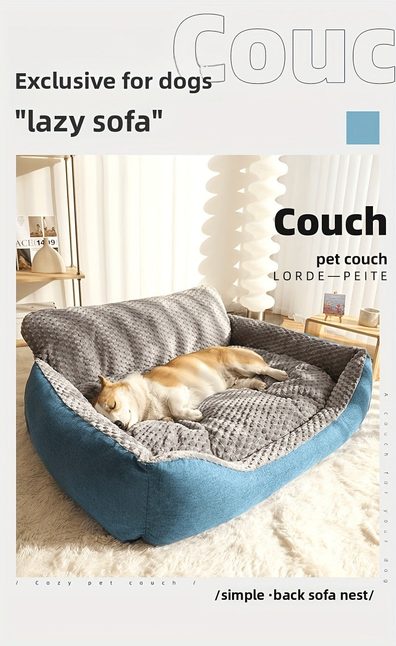 Blue-Gray Dog Bed Couch with Raised Back and Side Bolsters in Four Sizes, Plus One Random Cat Teaser