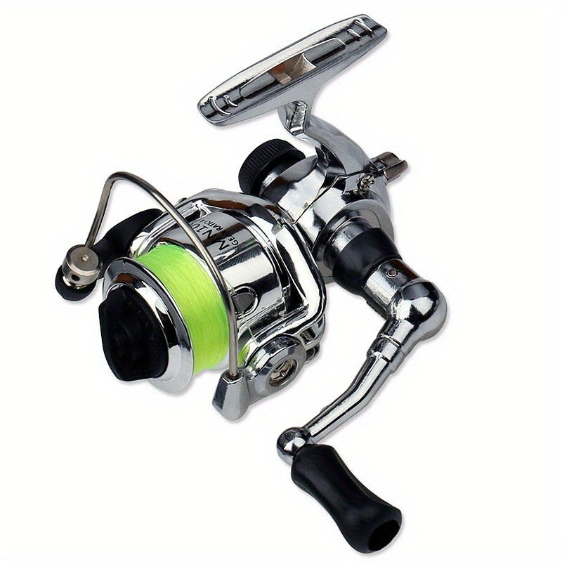 Mini Spinning Fishing Reel with Folding Handle, Green Line Spool and Compact 9 x 9 x 8 cm Profile