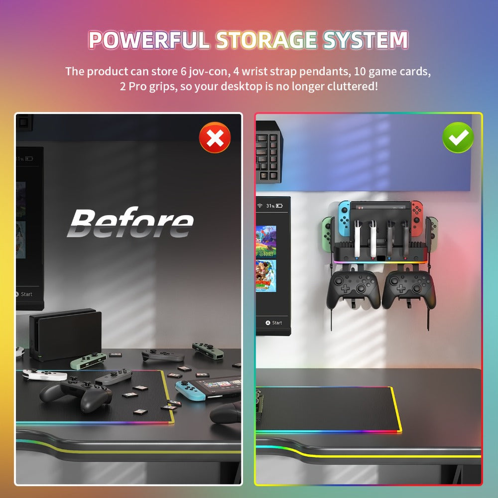 RGB Wall-Mount Organizer Compatible with Switch and OLED, Four Controller Bays, Ten Card Slots and Dual USB Ports