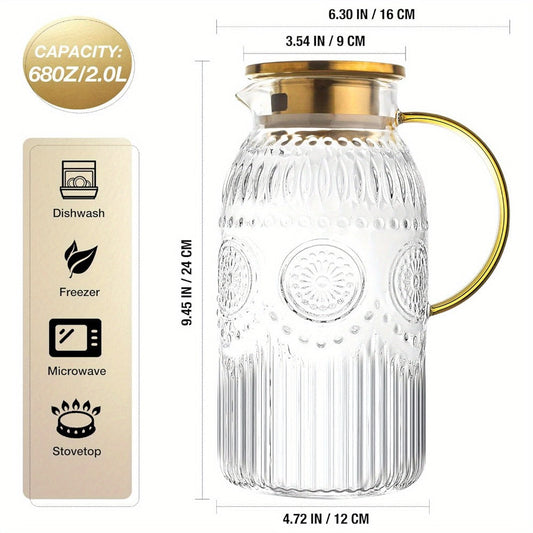 Glass Pitcher with Lid 68oz 2 Liter Heat Resistant Borosilicate Glass Water Carafe Vintage Design for Cold Brew Coffee Lemonade Iced Tea Juice Parties Picnics Camping Office Kitchen