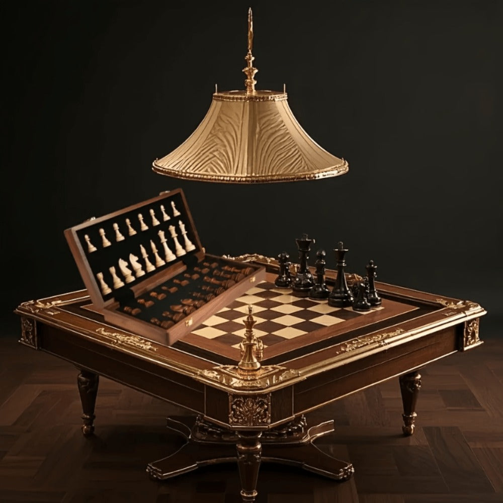 Folding Wooden-Style Chess and Checkers Set with 33 Chess Pieces and Internal Storage for Adult Tabletop Play