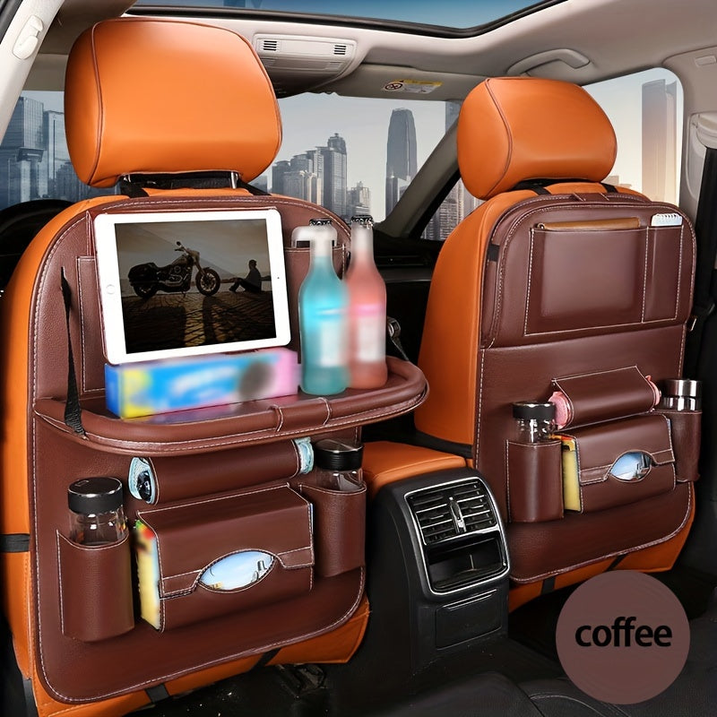 All-in-One Back Seat Organizer with Foldable Table Tray, Kick Mats, Cup Holder, Tissue Box, Umbrella Holder & Laptop Tray - 2-Piece Set, Car Seat Protector & Travel Organizer, 4 Colors