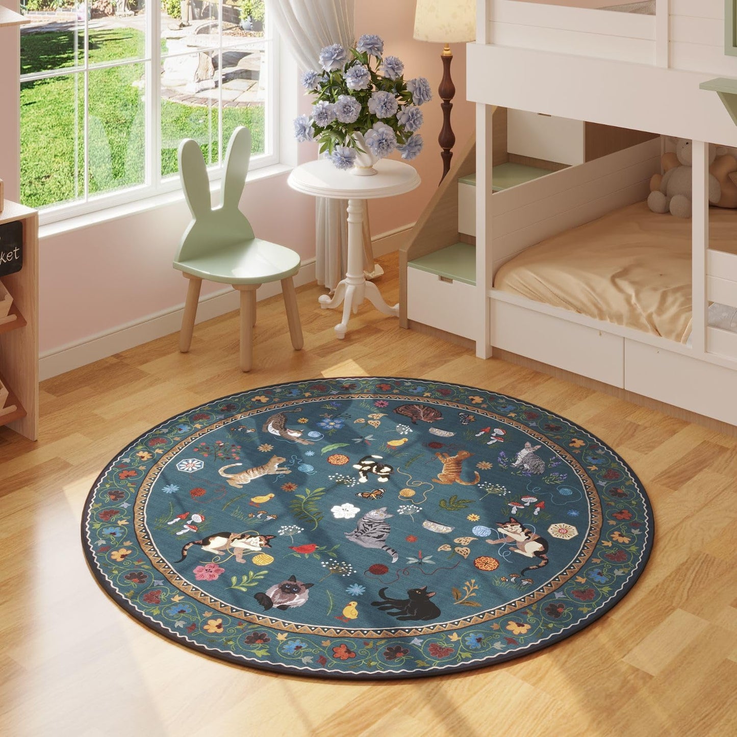Area Rug, Vintage Blue Cat and Floral Low-Pile Carpet in Rectangle, Runner and Round Size Options